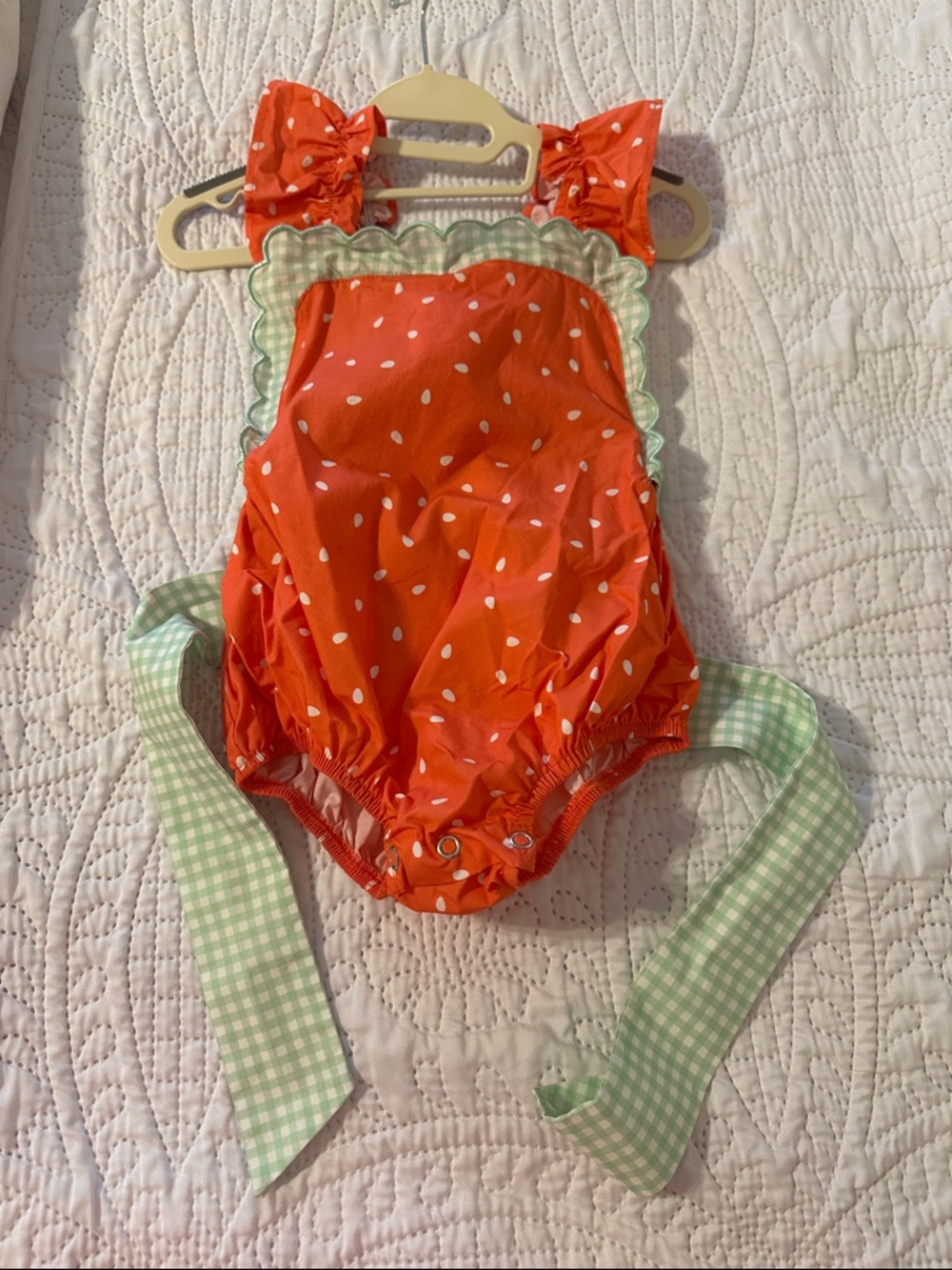 Stitchy Fish Strawberry Dot Baby Romper with Green Gingham Ties